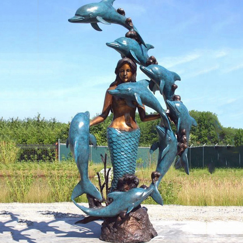 Mermaid with dolphin sculpture | metal decor|garden art sculpture